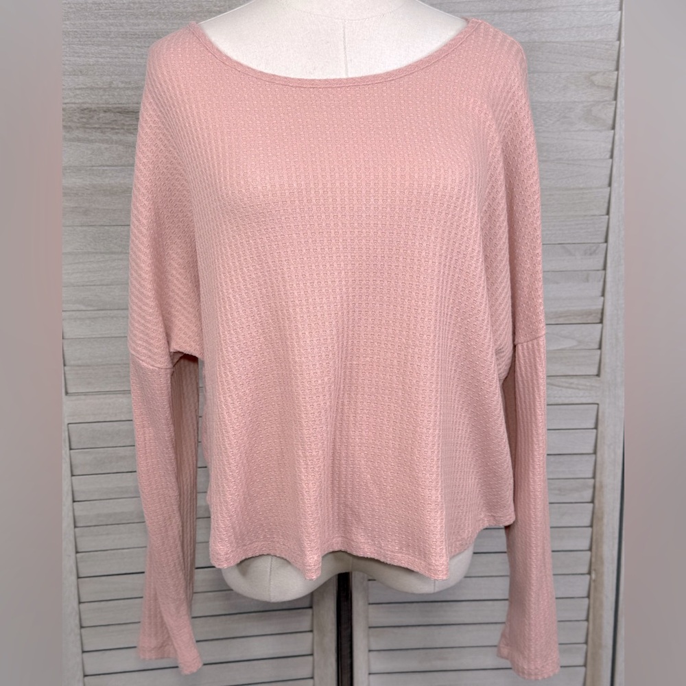 PAPER CRANE (Anthropologie) Waffle Knit Drop Shoulder Long Sleeve Tee Pink-M